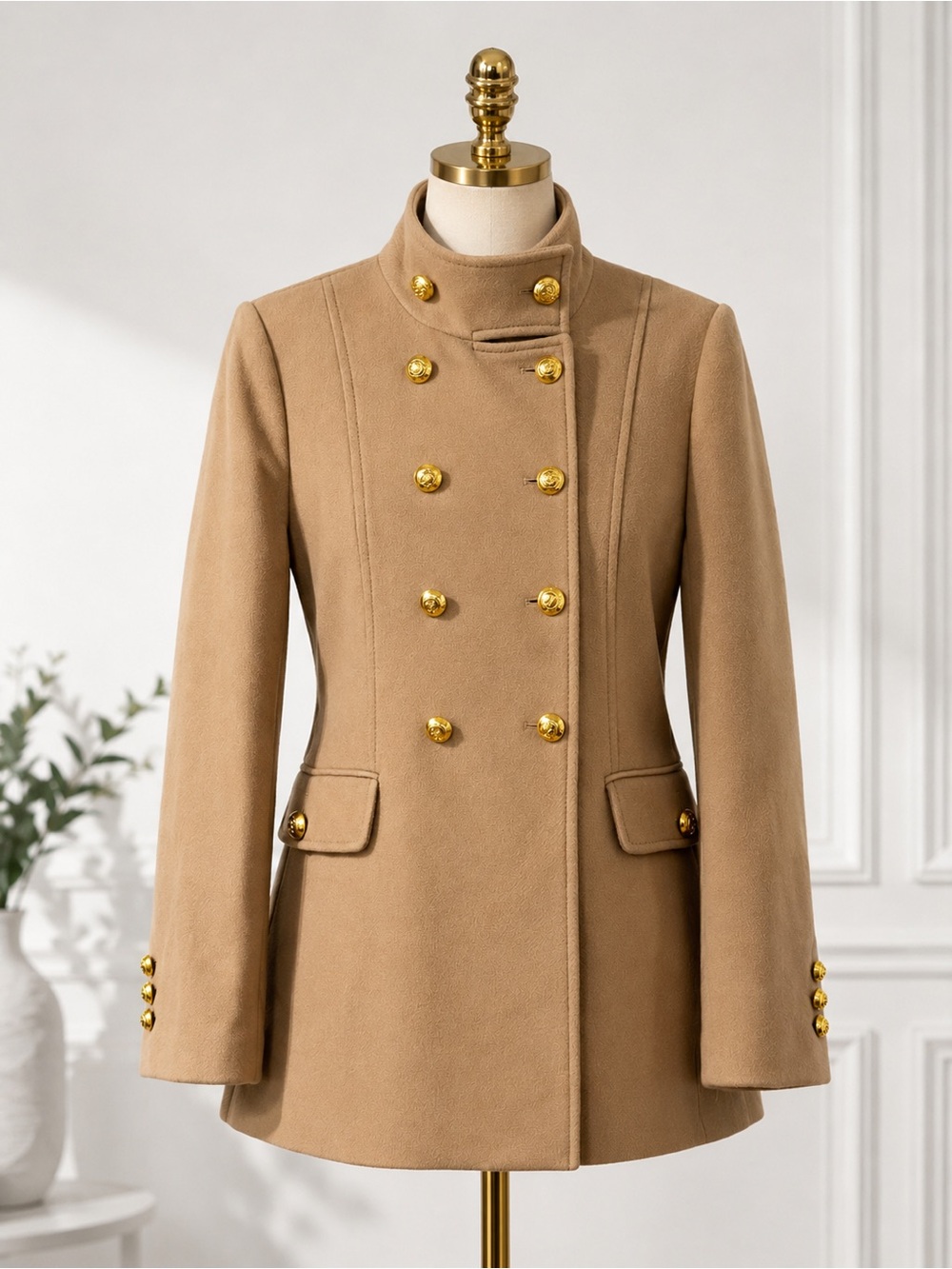 Zara Camel Double-Breasted Pea Coat with Gold Buttons